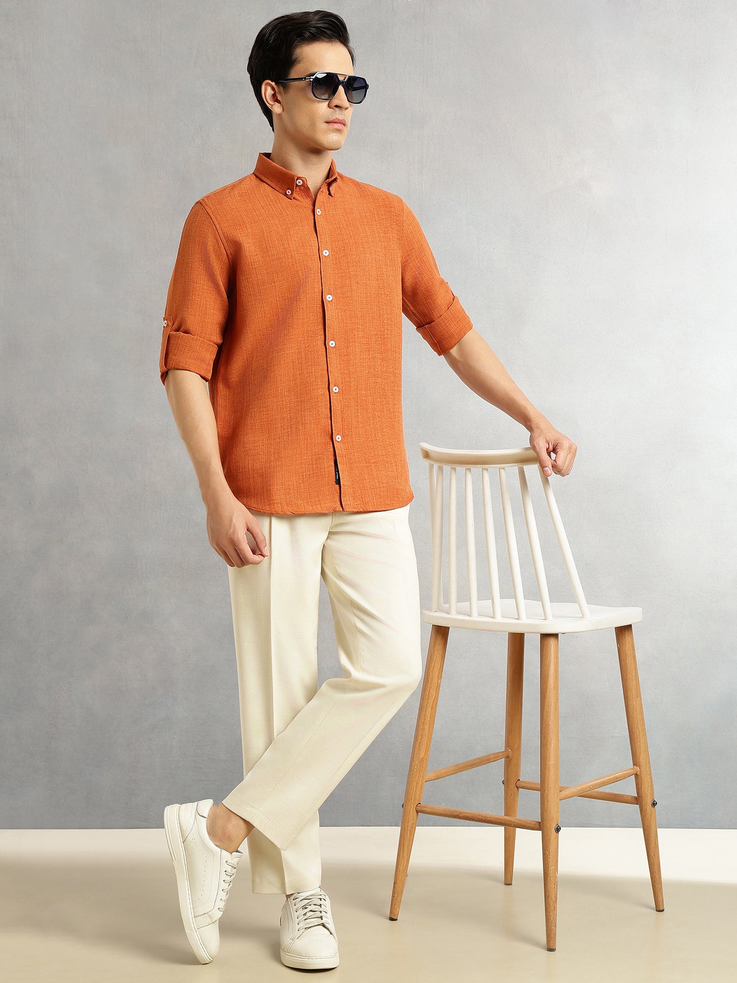 Thomas Scott Men Rust Slim Fit Long Sleeves Button-Down Collar Polyester Casual Shirt
