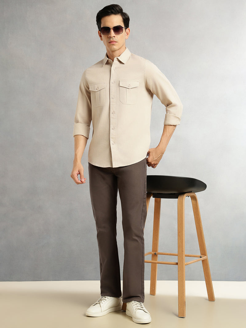 Thomas Scott Men Beige Cricket Club Collection Men Slim Fit Cotton Casual Shirt-Dual Flap Pocket