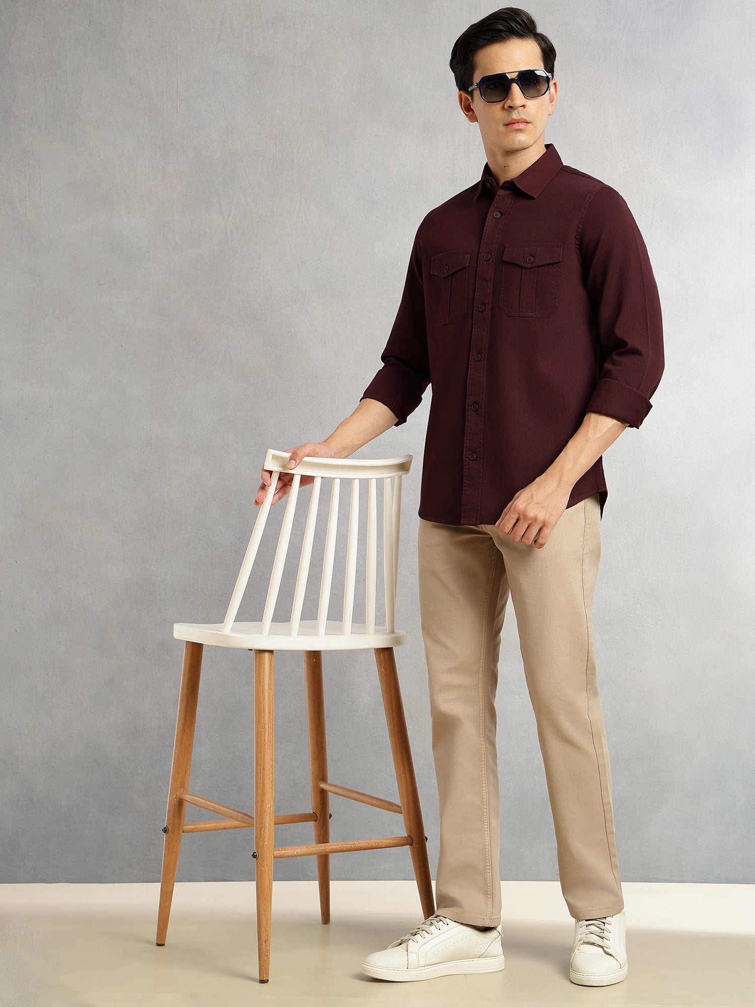 Thomas Scott Men Wine Cricket Club Collection Men Slim Fit Cotton Casual Shirt-Dual Flap Pocket