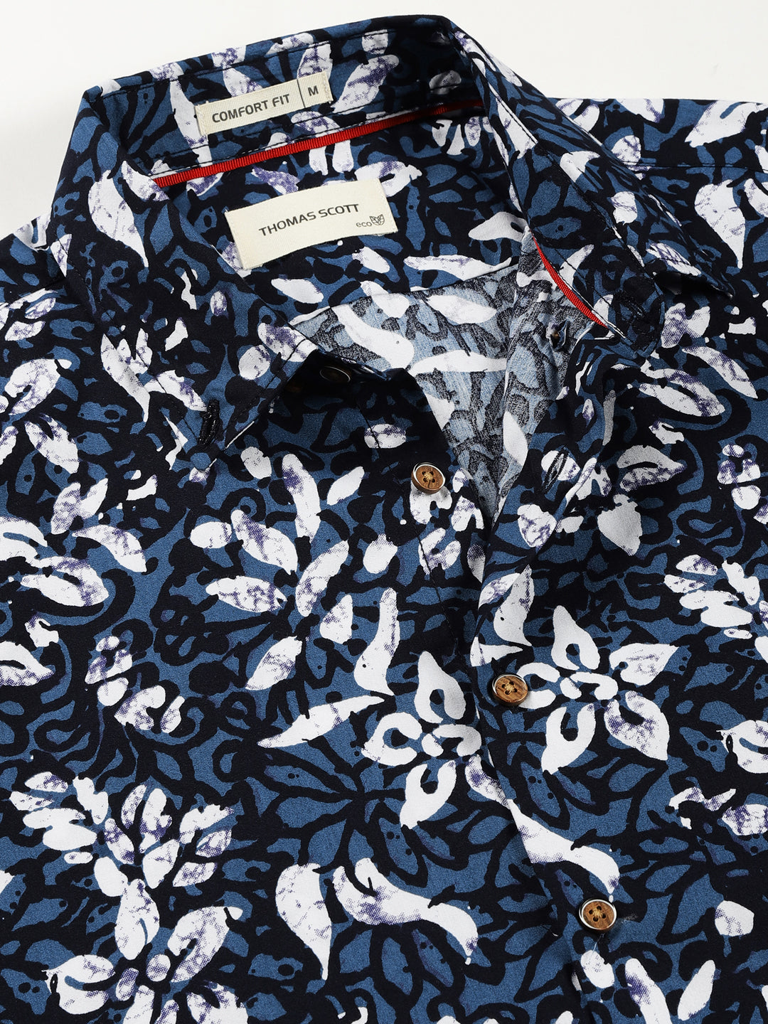 Thomas Scott Men Blue Smart Spread Collar Short Sleeves Slim Fit Floral Printed 100% Cotton Casual Shirt