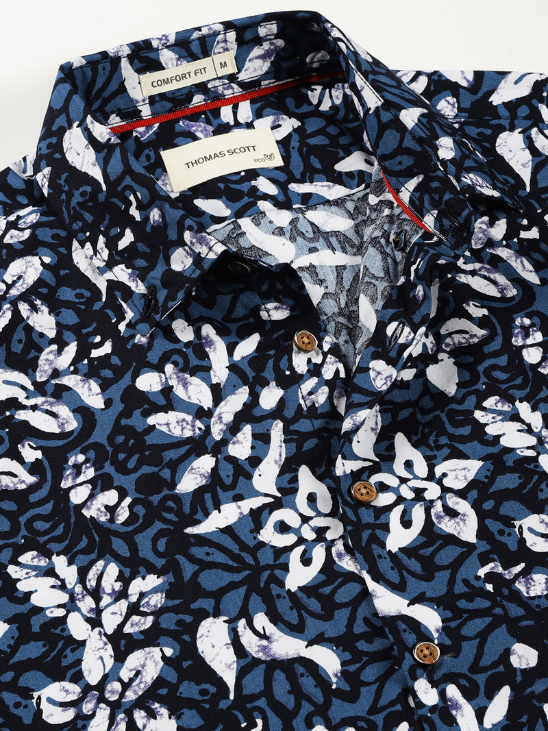 Thomas Scott Men Blue Smart Spread Collar Short Sleeves Slim Fit Floral Printed 100% Cotton Casual Shirt