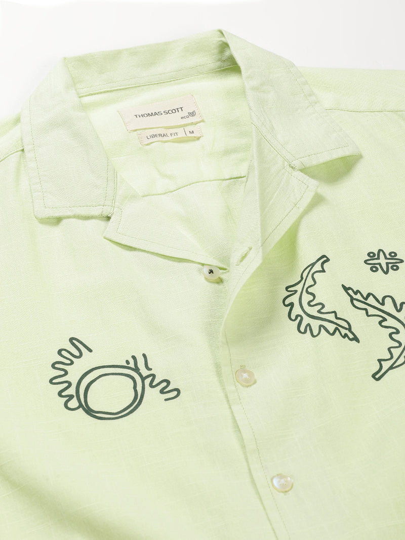 Thomas Scott Men Lime Green Premium Liberal Fit Short Sleeves Conversational Printed Cuban Collar Cotton Casual Shirt