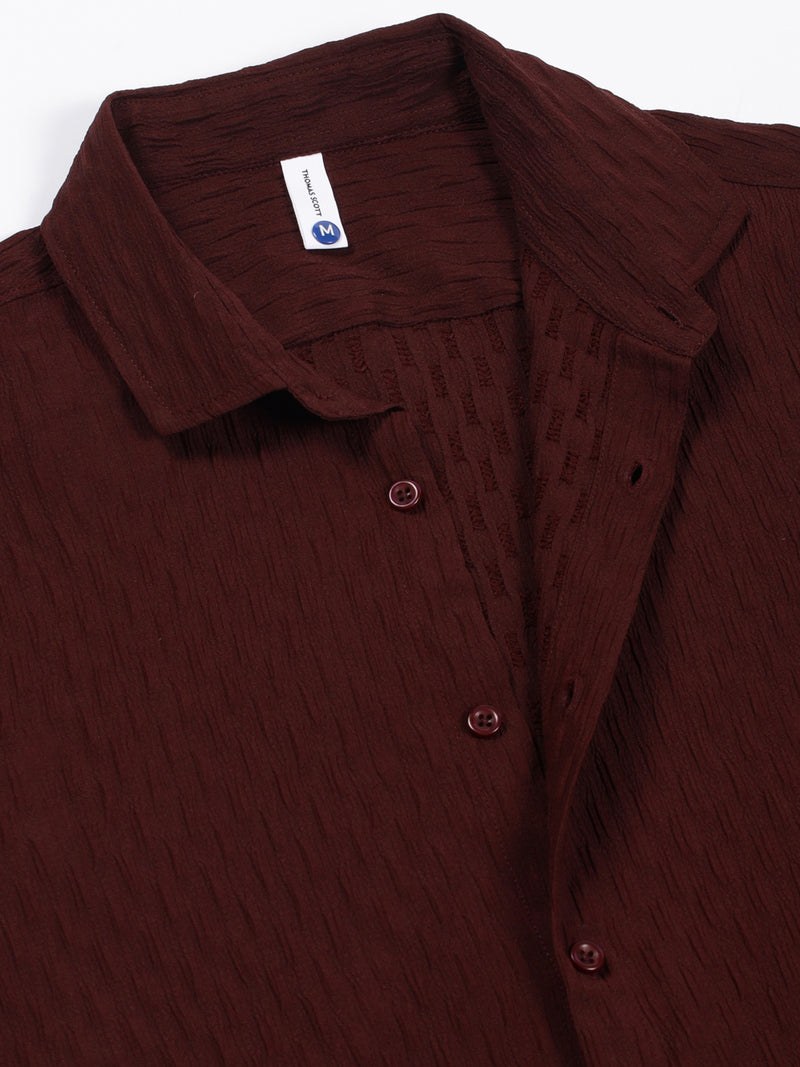 Thomas Scott Men Maroon Premium Short Sleeves Regular Fit Spread Collar Textured Casual Shirt