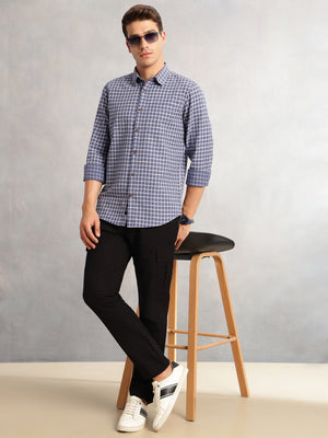Thomas Scott Men Blue Regular Fit Long Sleeves Spread Collar Windowpane Check 100% Cotton Casual Shirt