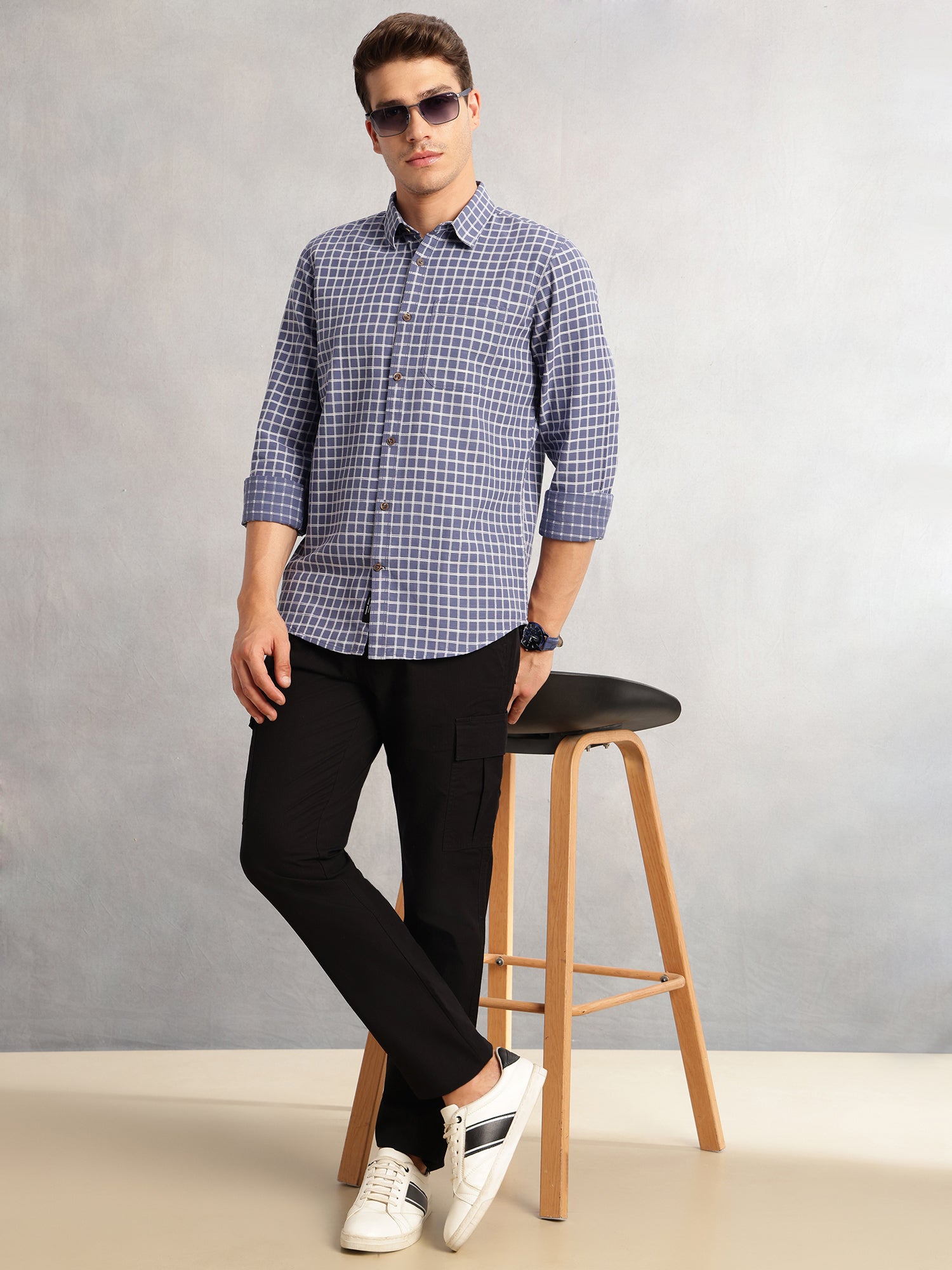 Thomas Scott Men Blue Regular Fit Long Sleeves Spread Collar Windowpane Check 100% Cotton Casual Shirt