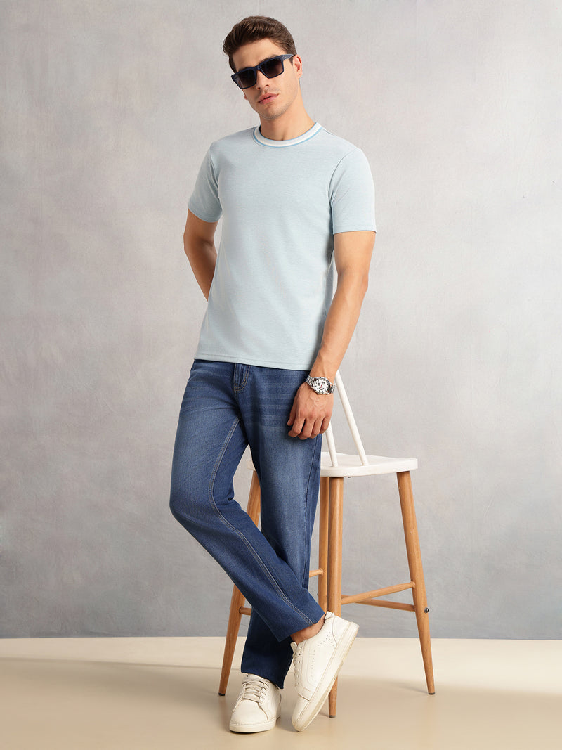 Thomas Scott Men Sky Blue Regular Fit Short Sleeves Round Neck Solid Knitted Tshirt