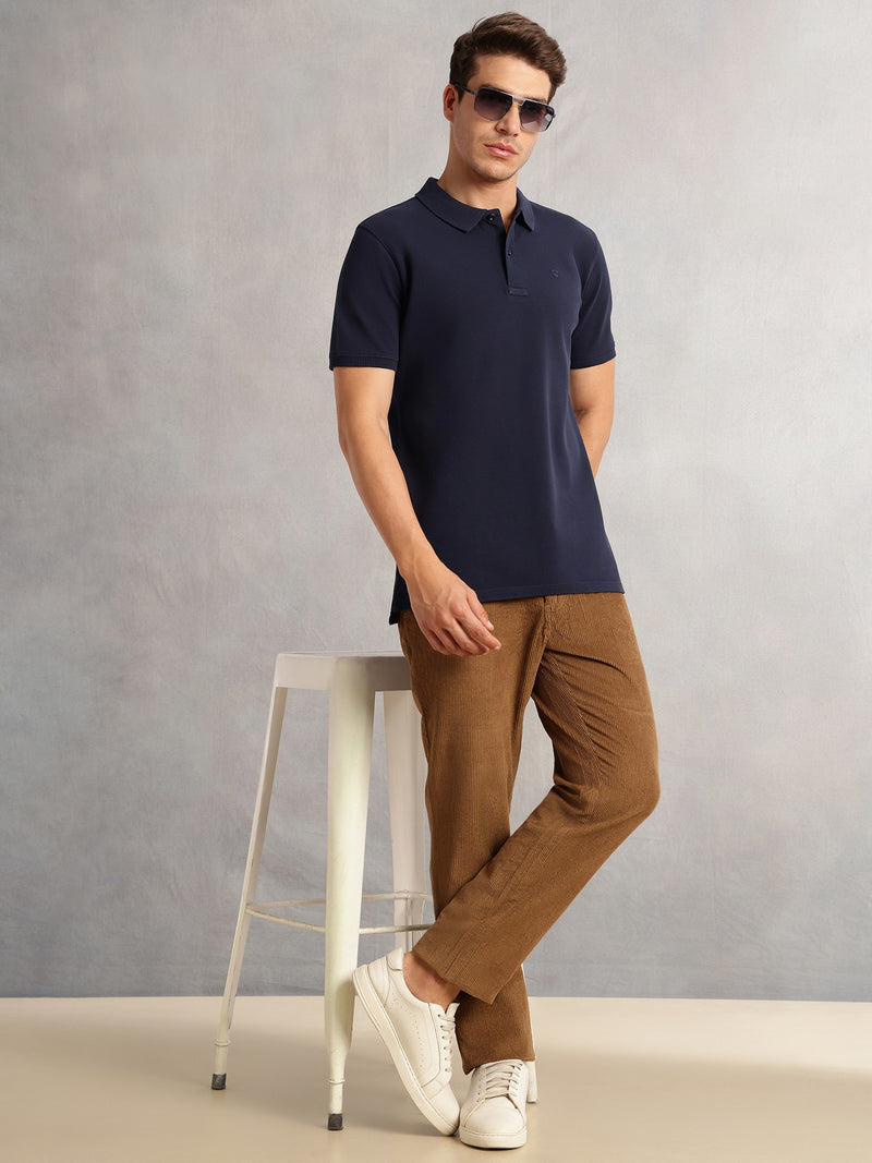 Thomas Scott Men Navy Blue Short Sleeves Regular Fit Solid 100% Cotton Polo Collar Knitted T-shirt