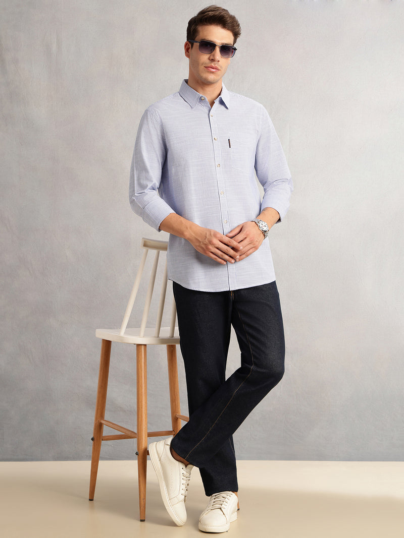 Thomas Scott Men Blue Cricket Club Collection Pinstripe Long Sleeves Regular Fit Cotton Linen Casual Shirt