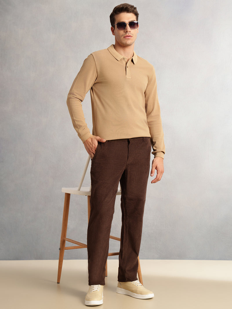 Thomas Scott Men Brown Regular Fit Mid-Rise Textured 4-Pockets Design Corduroy Trouser