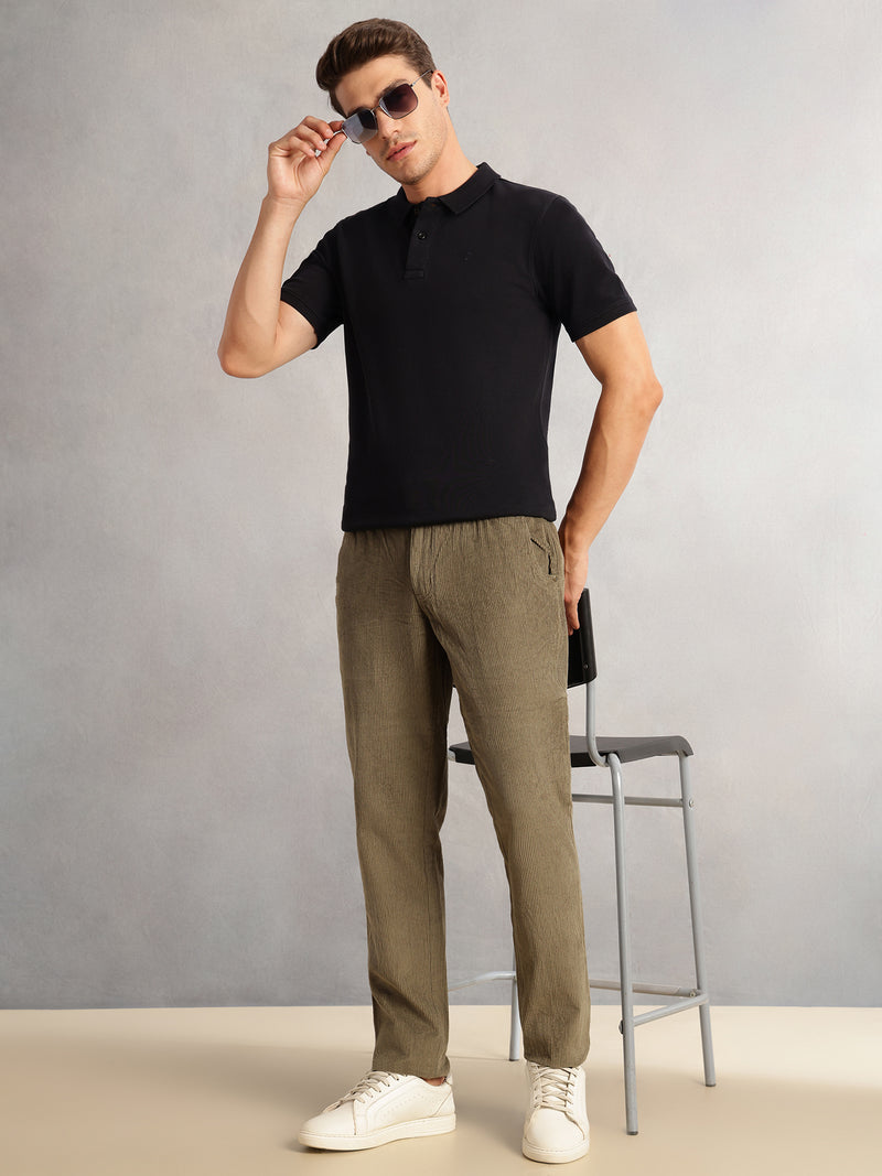 Thomas Scott Men Mint Regular Fit Mid-Rise Textured 4-Pockets Design Corduroy Trouser