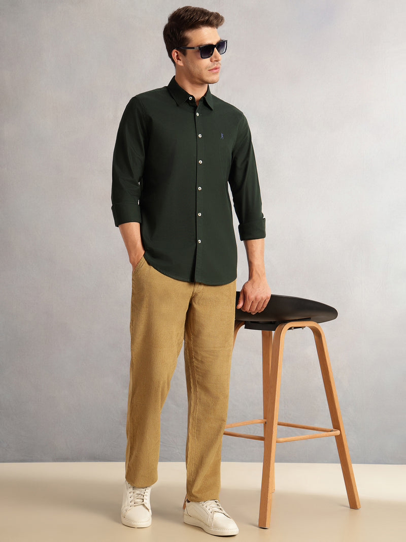 Thomas Scott Men Green Cricket Club Collection Slim Fit Oxford Cotton Casual Shirt with Spread Collar & Long Sleeves