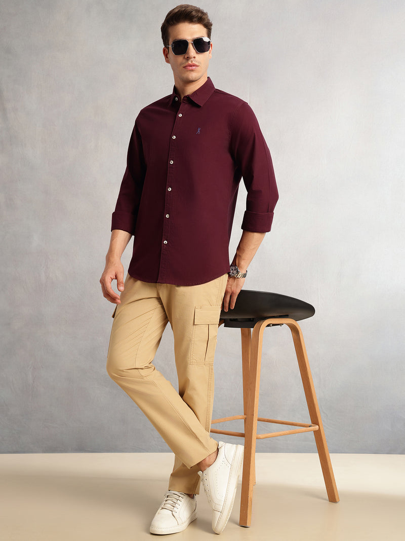 Thomas Scott Men Maroon Cricket Club Collection Slim Fit Oxford Cotton Casual Shirt with Spread Collar & Long Sleeves