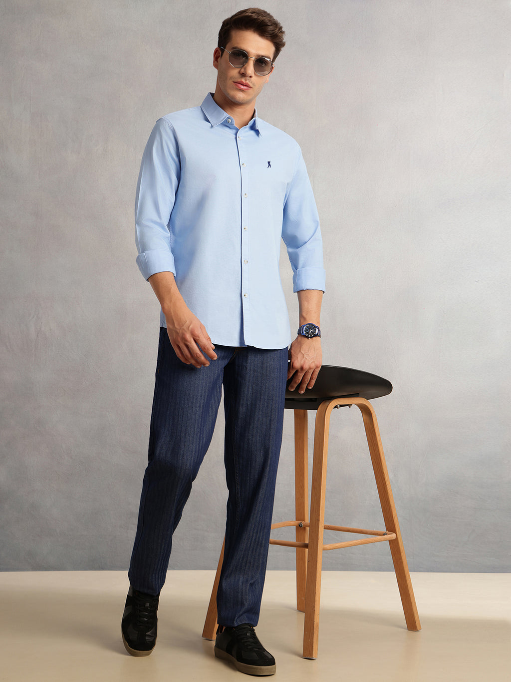 Thomas Scott Men Sky Blue Cricket Club Collection Slim Fit Oxford Cotton Casual Shirt with Spread Collar & Long Sleeves