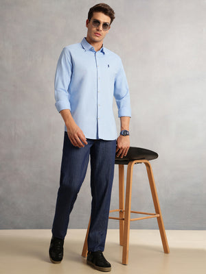 Thomas Scott Men Sky Blue Cricket Club Collection Slim Fit Oxford Cotton Casual Shirt with Spread Collar & Long Sleeves