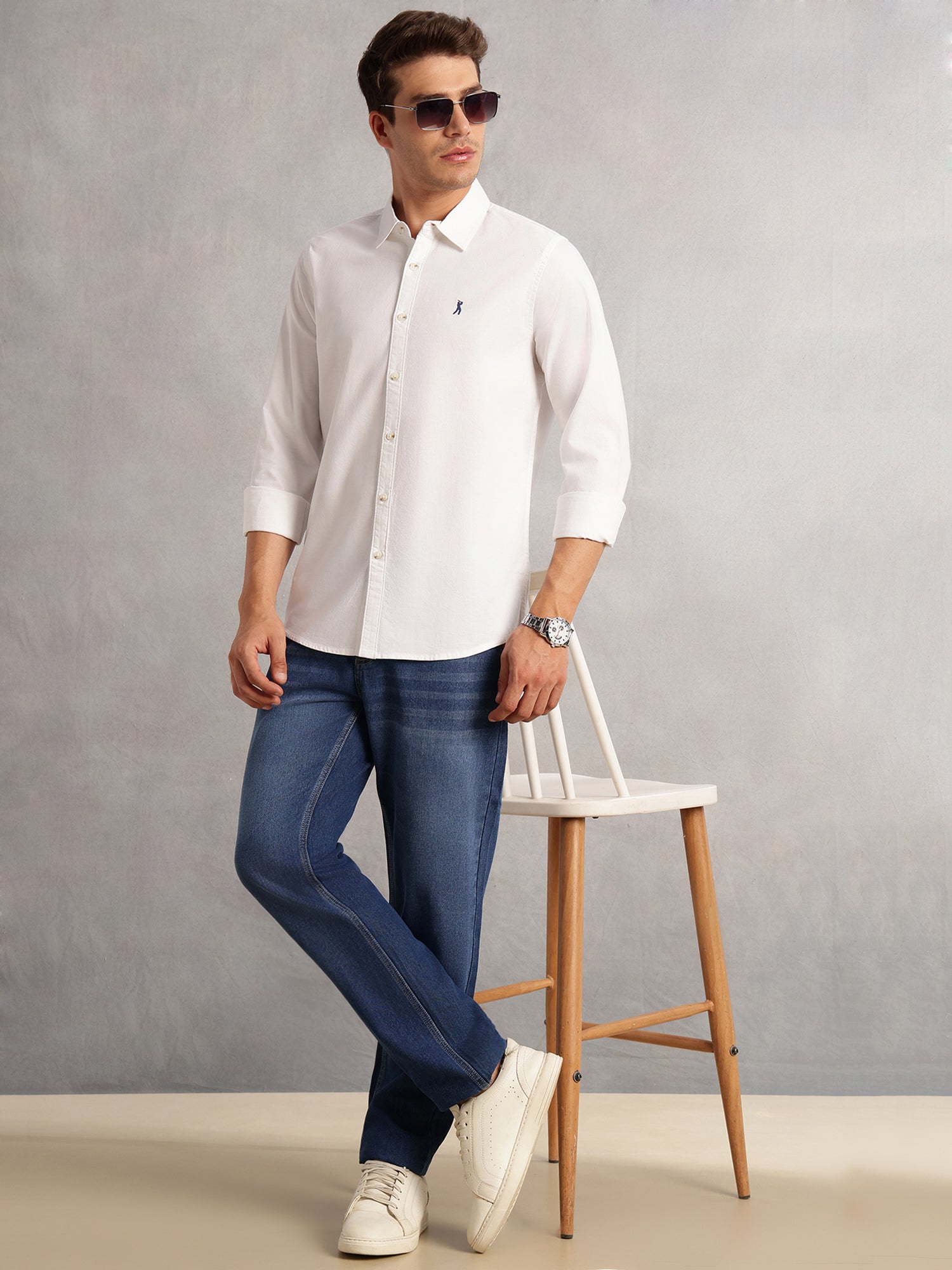 Thomas Scott Men White Cricket Club Collection Slim Fit Oxford Cotton Casual Shirt with Spread Collar & Long Sleeves