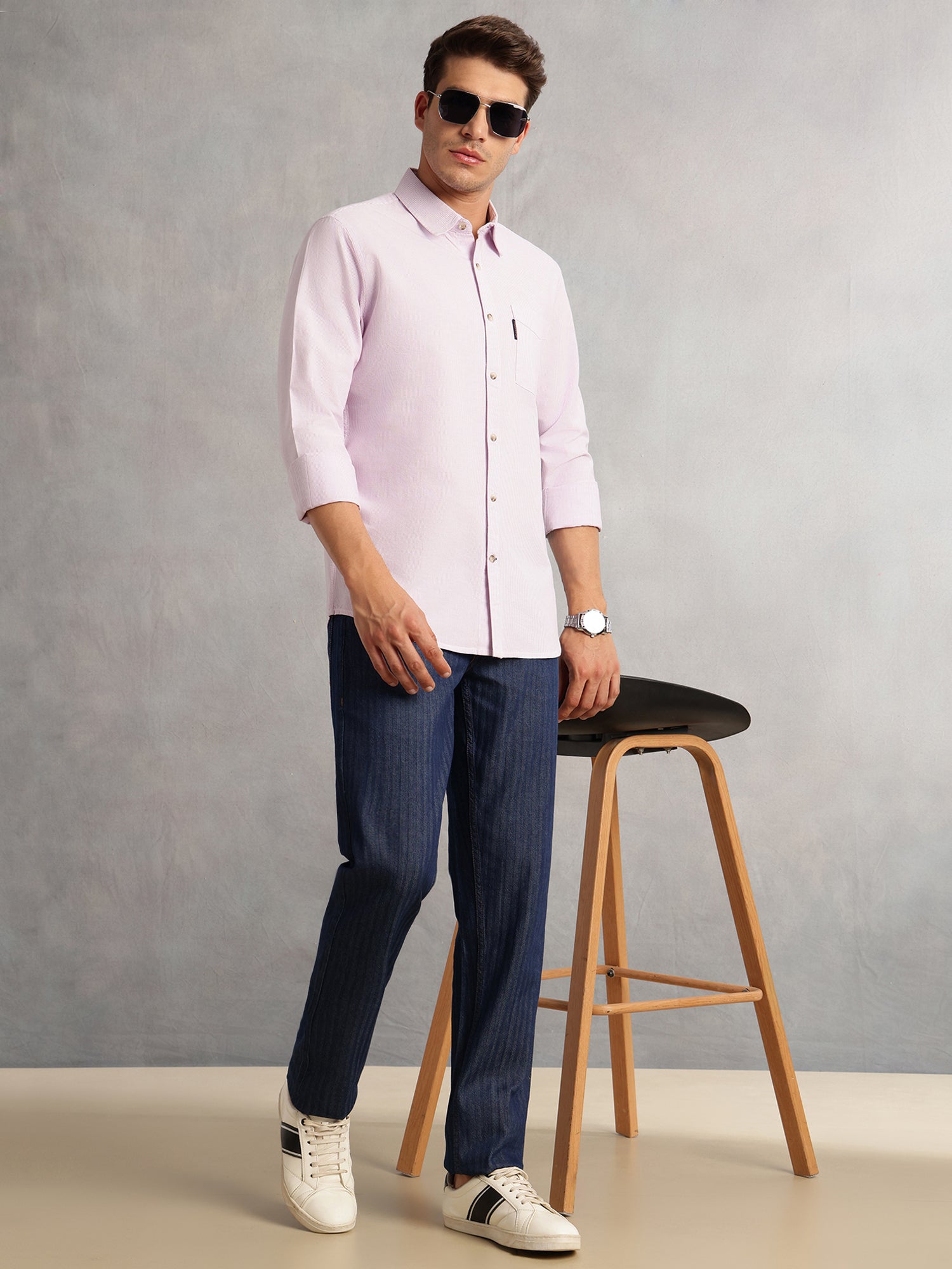 Thomas Scott Men Purple Cricket Club Collection Regular Fit Pinstripes Long Sleeves Spread Collar 100% Cotton Oxford Casual Shirt