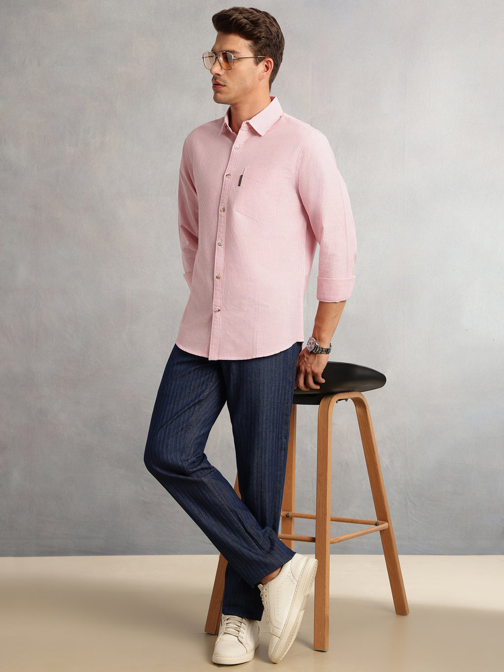 Thomas Scott Men Red Cricket Club Collection Regular Fit Pinstripes Long Sleeves Spread Collar 100% Cotton Oxford Casual Shirt