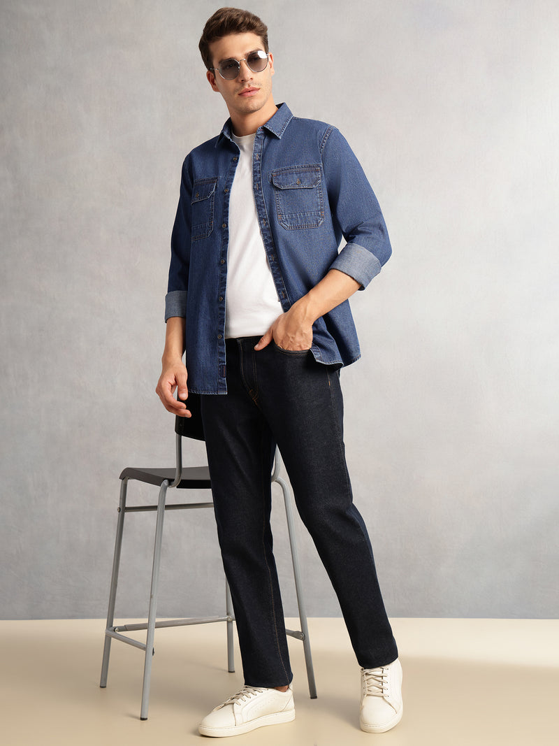 Thomas Scott Men Navy Cricket Club Collection Regular Fit Long Sleeves Spread Collar 100% Cotton Denim Casual Shirt