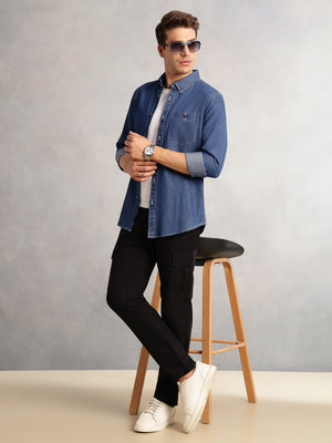 Thomas Scott Men Navy Cricket Club Collection Button-Down Collar Long Sleeves Dark Shade Regular Fit 100% Cotton Denim Shirt