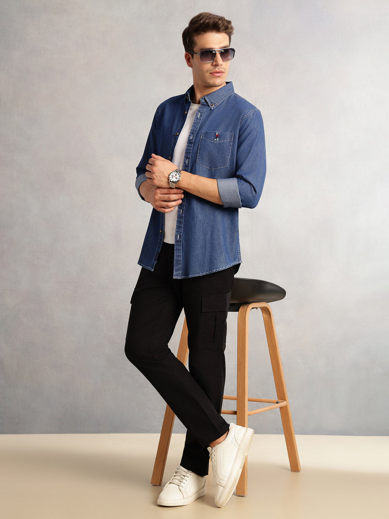 Thomas Scott Men Navy Cricket Club Collection Button-Down Collar Long Sleeves Dark Shade Regular Fit 100% Cotton Denim Shirt