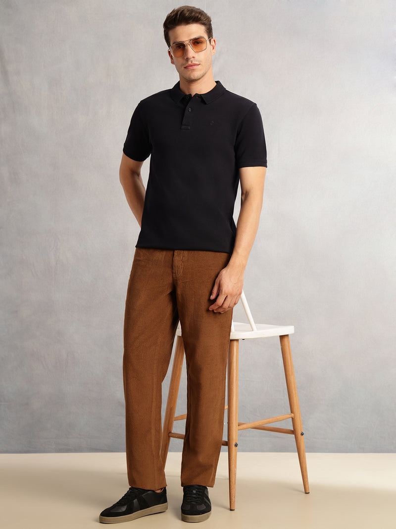 Thomas Scott Men Khaki Regular Fit Mid-Rise Textured 4 Pockets Design Corduroy Trouser