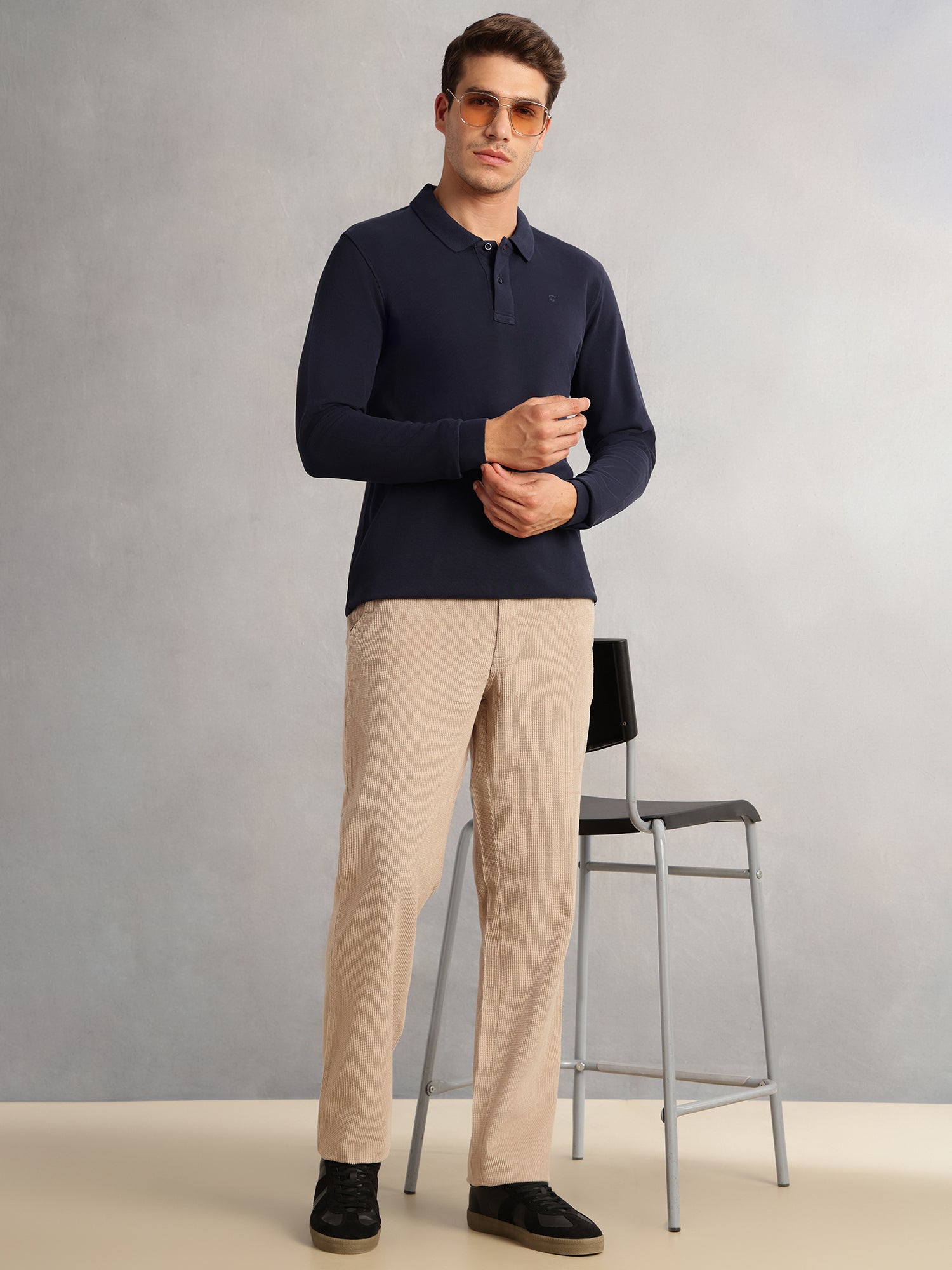 Thomas Scott Men Fawn Regular Fit Mid-Rise Textured 4 Pockets Design Corduroy Trouser