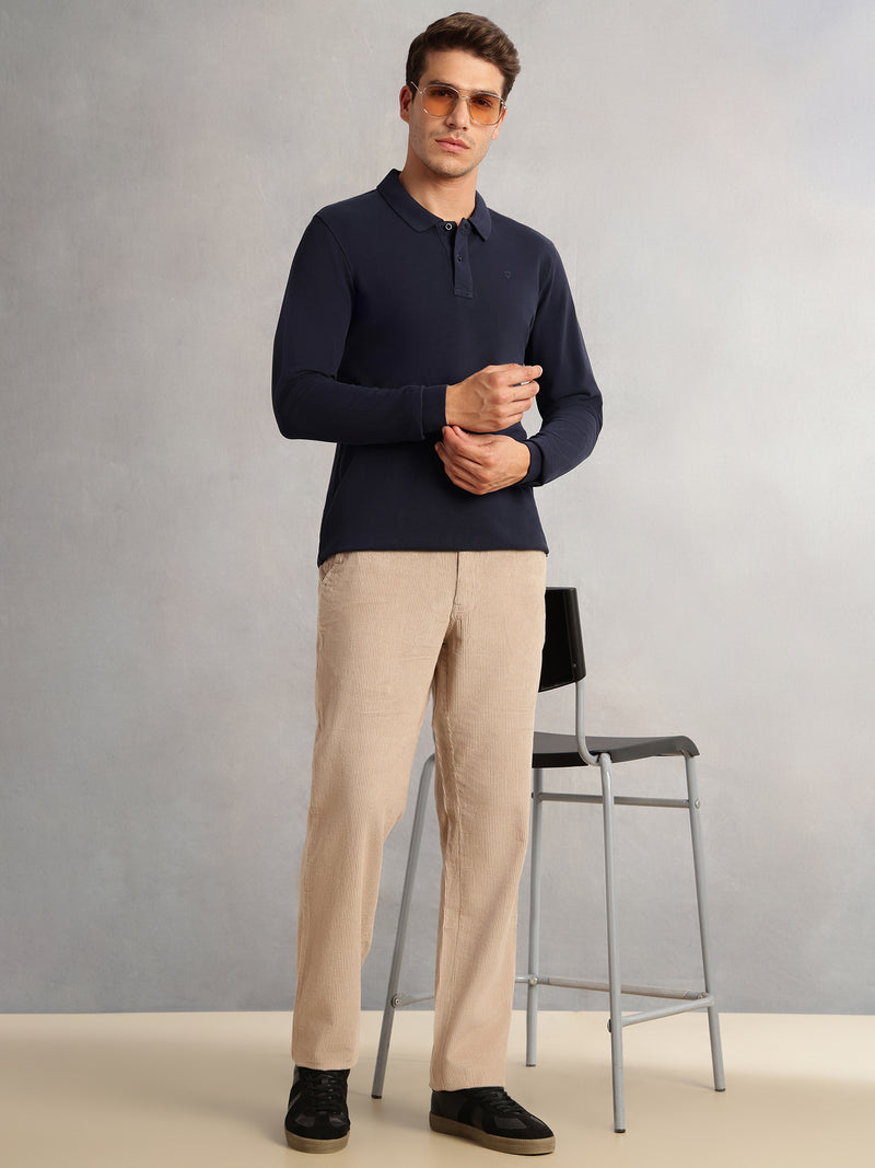 Thomas Scott Men Fawn Regular Fit Mid-Rise Textured 4 Pockets Design Corduroy Trouser