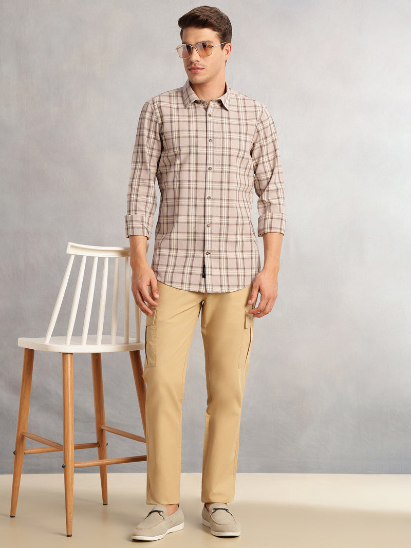 Thomas Scott Men Beige Regular Fit Long Sleeves Spread Collar Cotton Plaid Checked 100% Cotton Casual Shirt