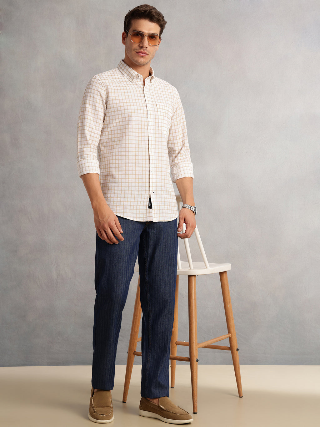 Thomas Scott Men Beige Regular Fit Long Sleeves Button Down Collar Windowpane Check 100% Cotton Casual Shirt