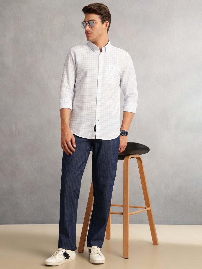 Thomas Scott Men Blue Regular Fit Long Sleeves Button Down Collar Windowpane Check 100% Cotton Casual Shirt