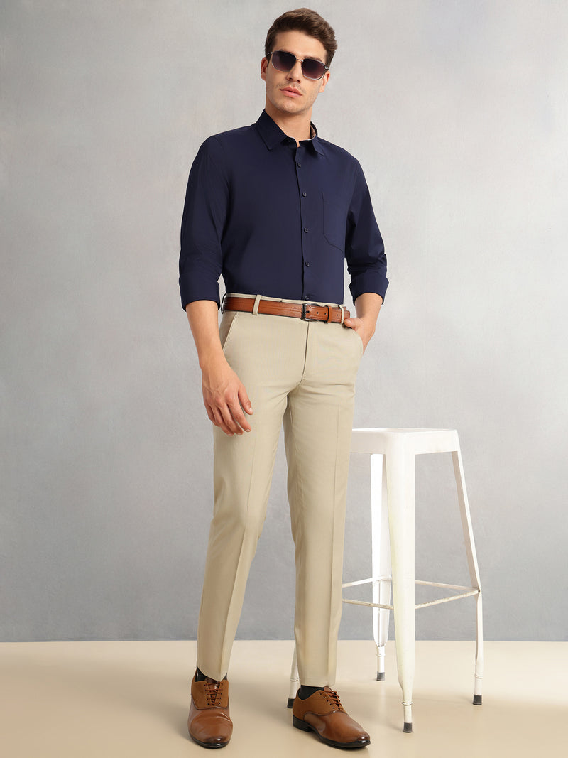 Thomas Scott Men Navy Premium Regular Fit Long Sleeves Spread Collar Solid 100% Cotton Formal Shirt
