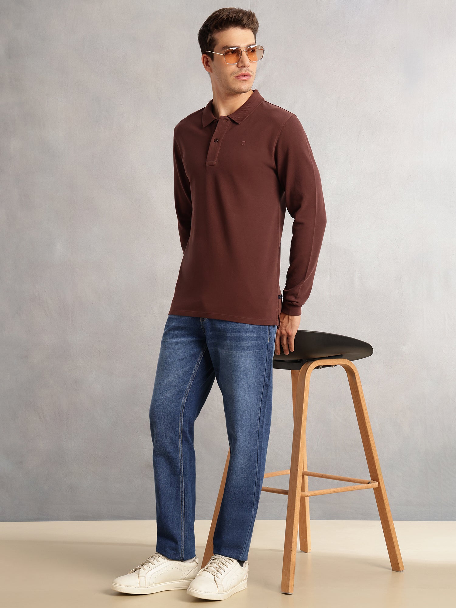 Thomas Scott Men Brown Regular Fit Solid Polo Collar Long Sleeve Pure Cotton Knitted T-shirt