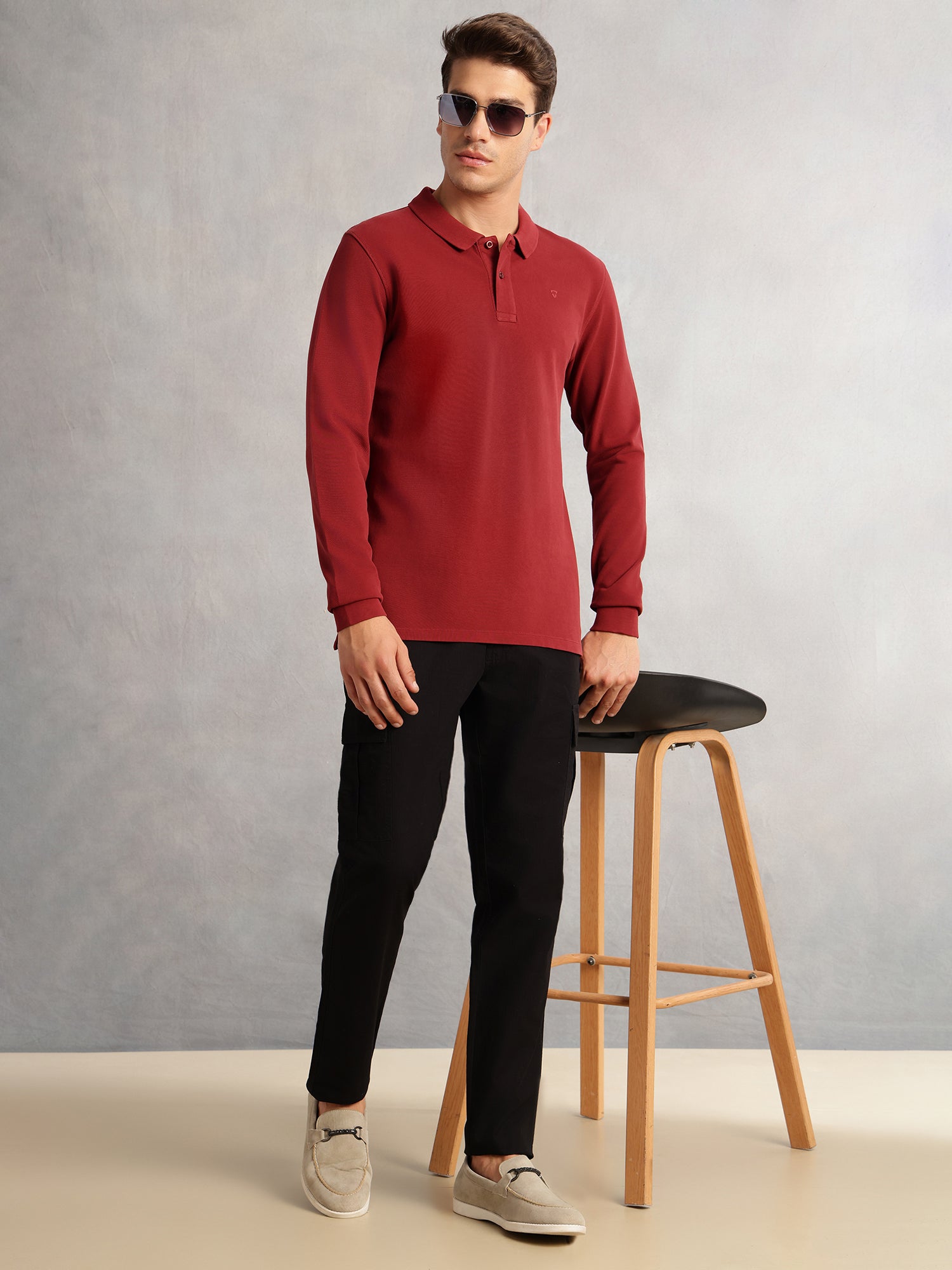 Thomas Scott Men Red Regular Fit Solid Polo Collar Long Sleeve Pure Cotton Knitted T-shirt