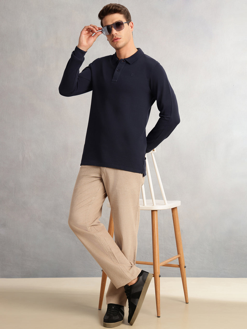 Thomas Scott Men Navy Regular Fit Solid Polo Collar Long Sleeve Pure Cotton Knitted T-shirt