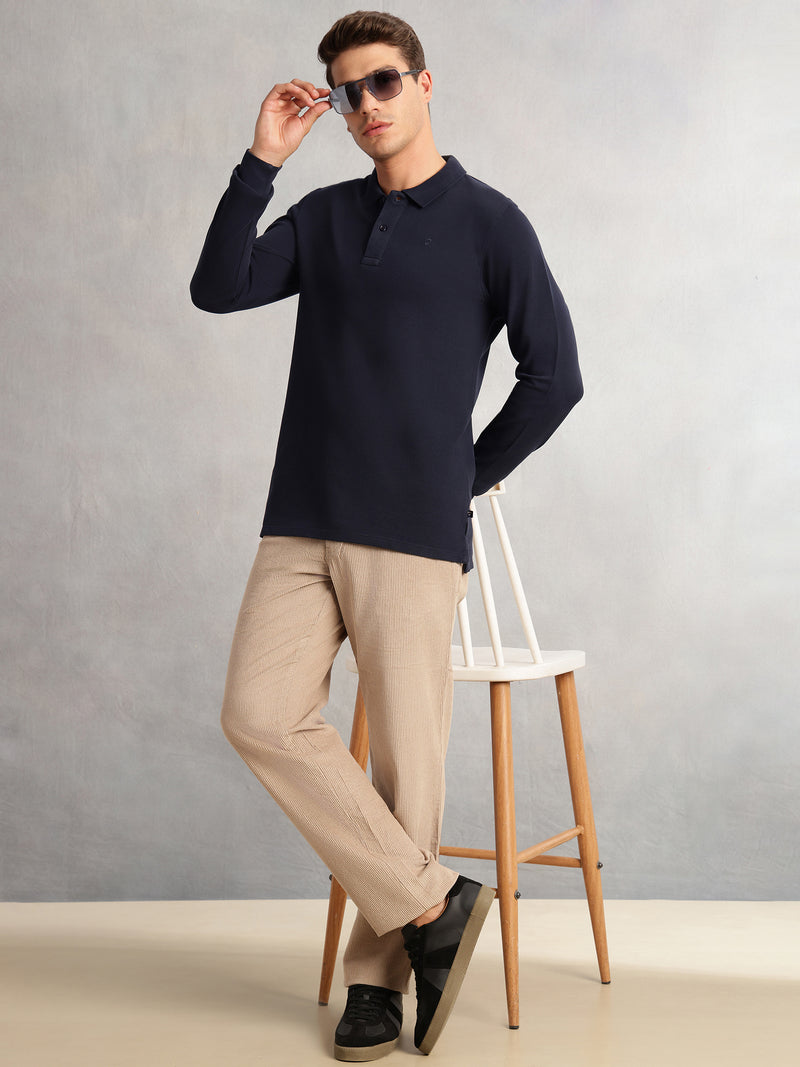Thomas Scott Men Navy Regular Fit Solid Polo Collar Long Sleeve Pure Cotton Knitted T-shirt