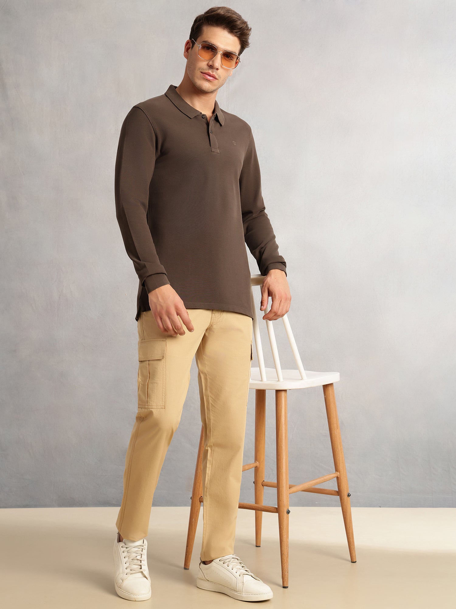 Thomas Scott Men Olive Regular Fit Solid Polo Collar Long Sleeve Pure Cotton Knitted T-shirt