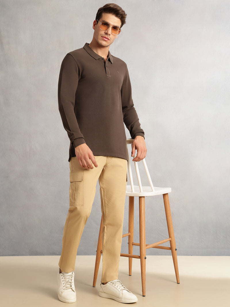Thomas Scott Men Olive Regular Fit Solid Polo Collar Long Sleeve Pure Cotton Knitted T-shirt