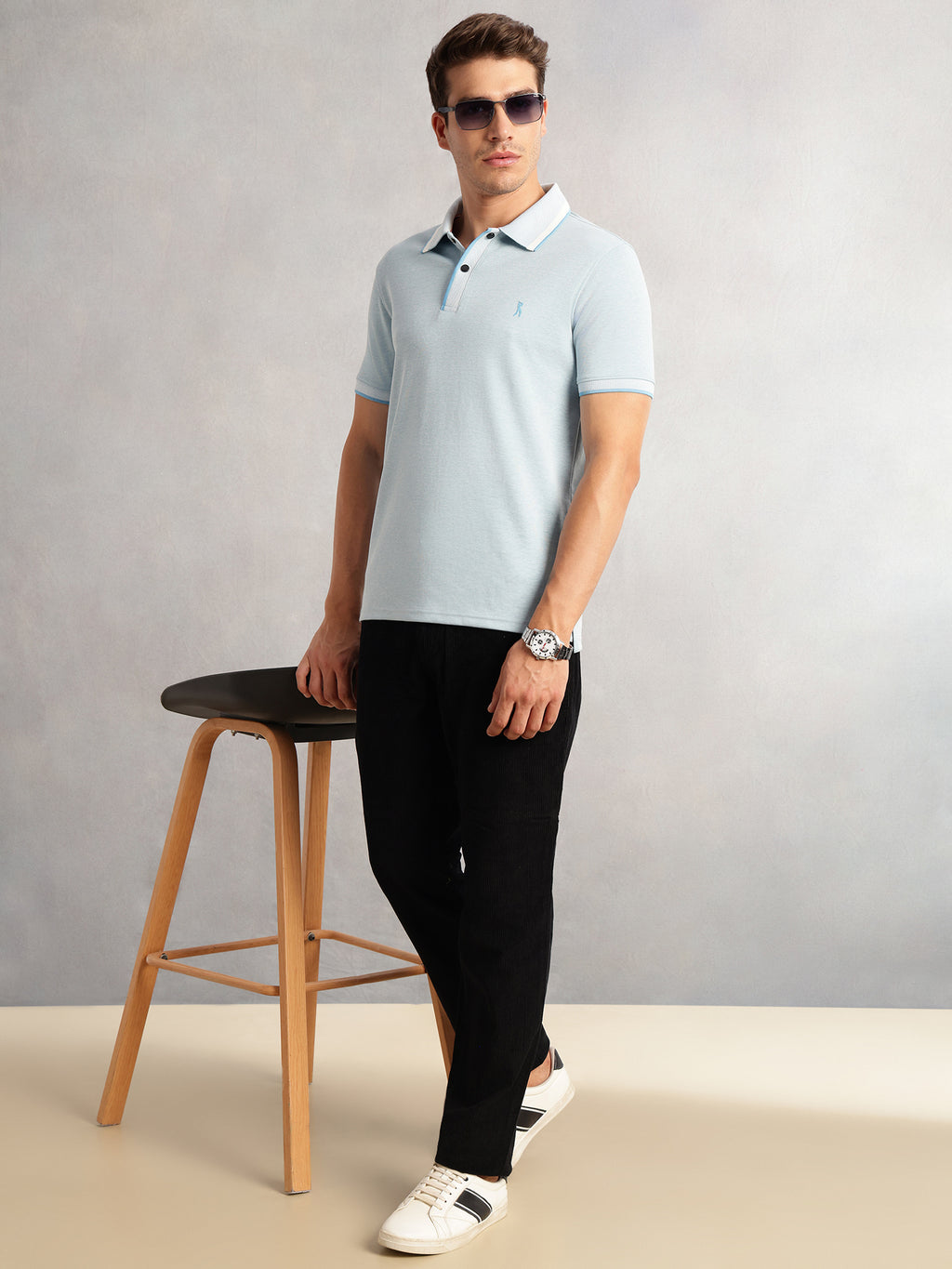 Thomas Scott Men Sky Blue Cricket Club Collection Regular Fit Short Sleeves Solid Polo Collar Knitted T-Shirt