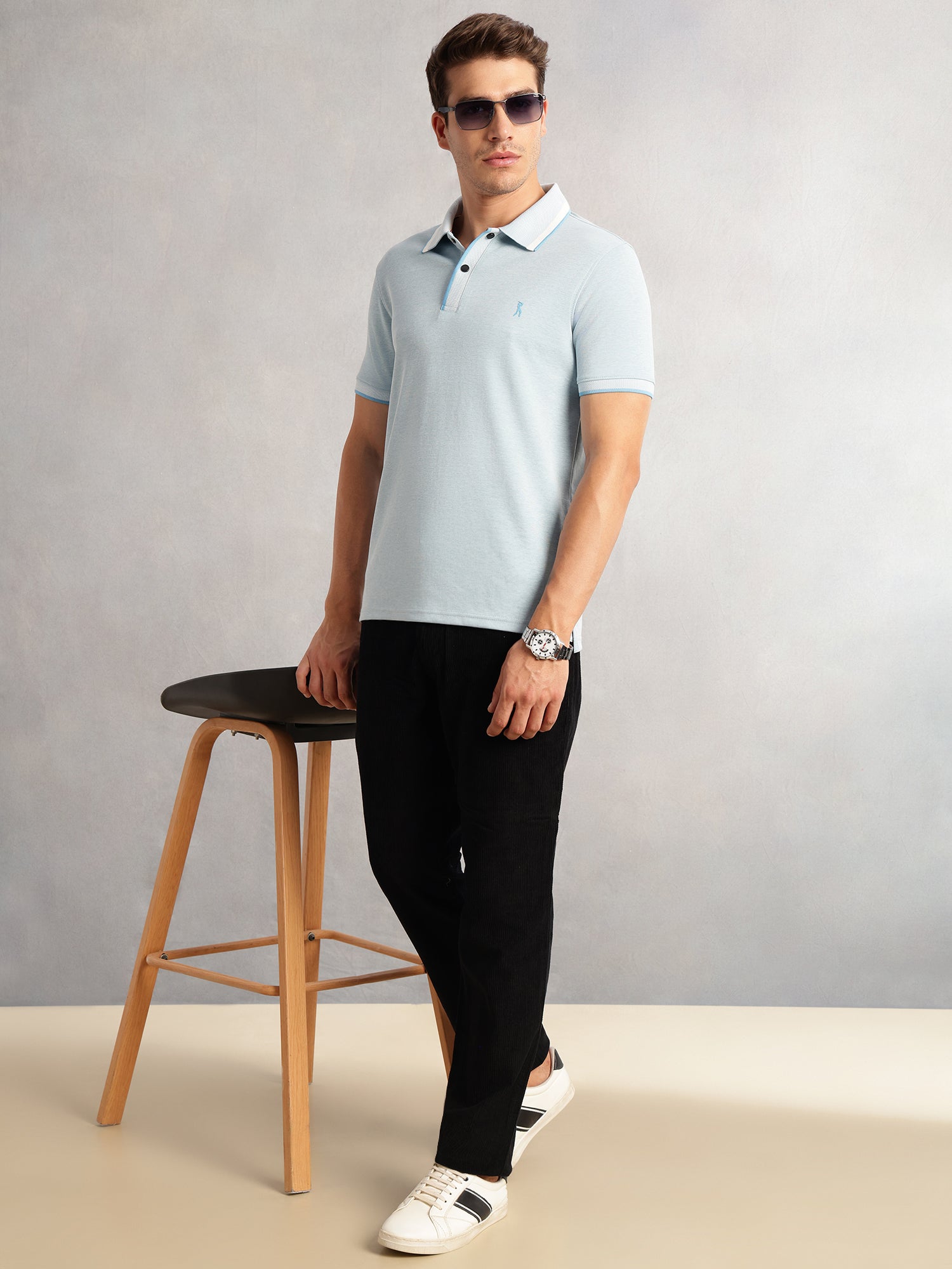 Thomas Scott Men Sky Blue Cricket Club Collection Regular Fit Short Sleeves Solid Polo Collar Knitted T-Shirt