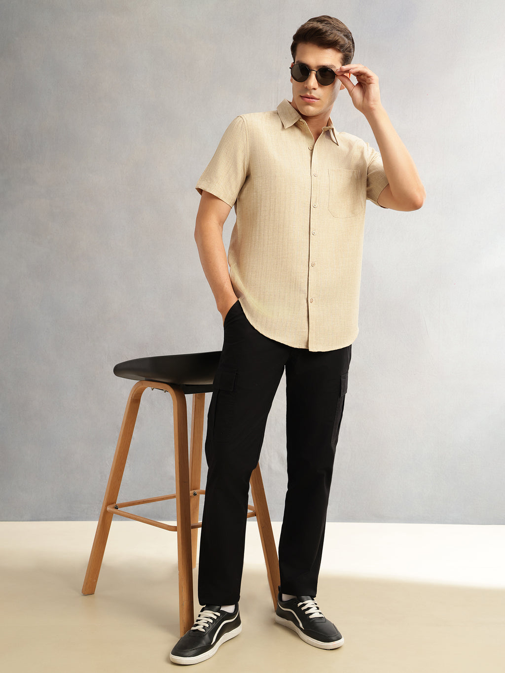 Thomas Scott Men Beige Premium Regular Fit Short Sleeves Spread Collar Polyester Casual Shirt