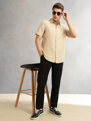 Thomas Scott Men Beige Premium Regular Fit Short Sleeves Spread Collar Polyester Casual Shirt