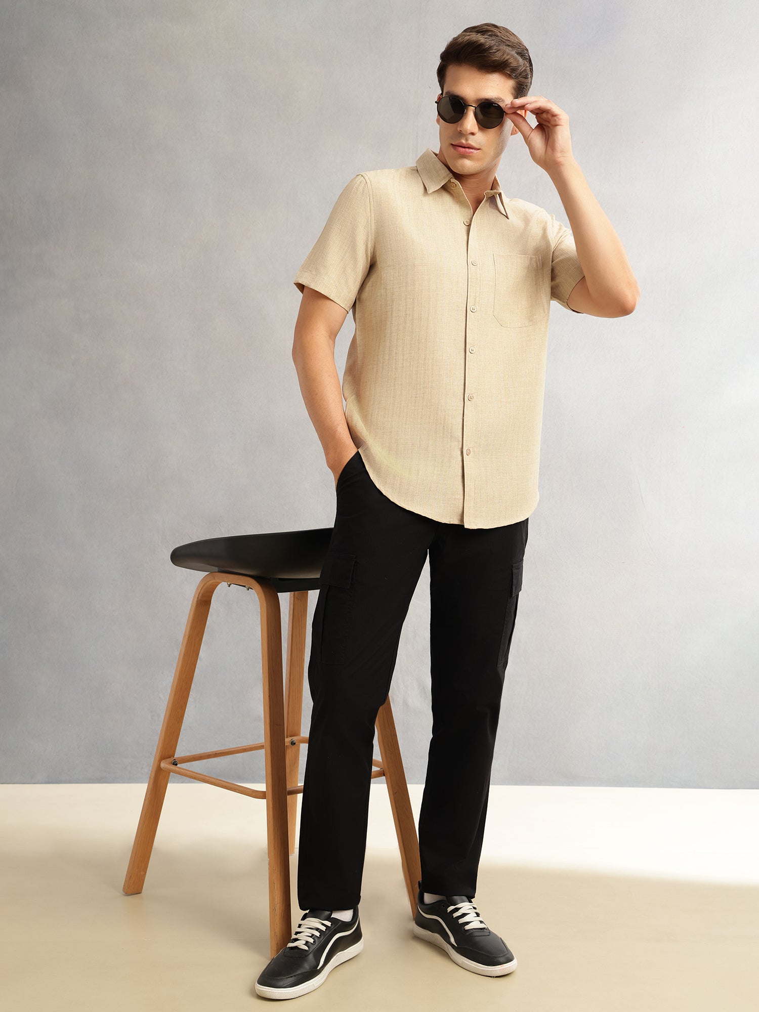 Thomas Scott Men Beige Premium Regular Fit Short Sleeves Spread Collar Polyester Casual Shirt