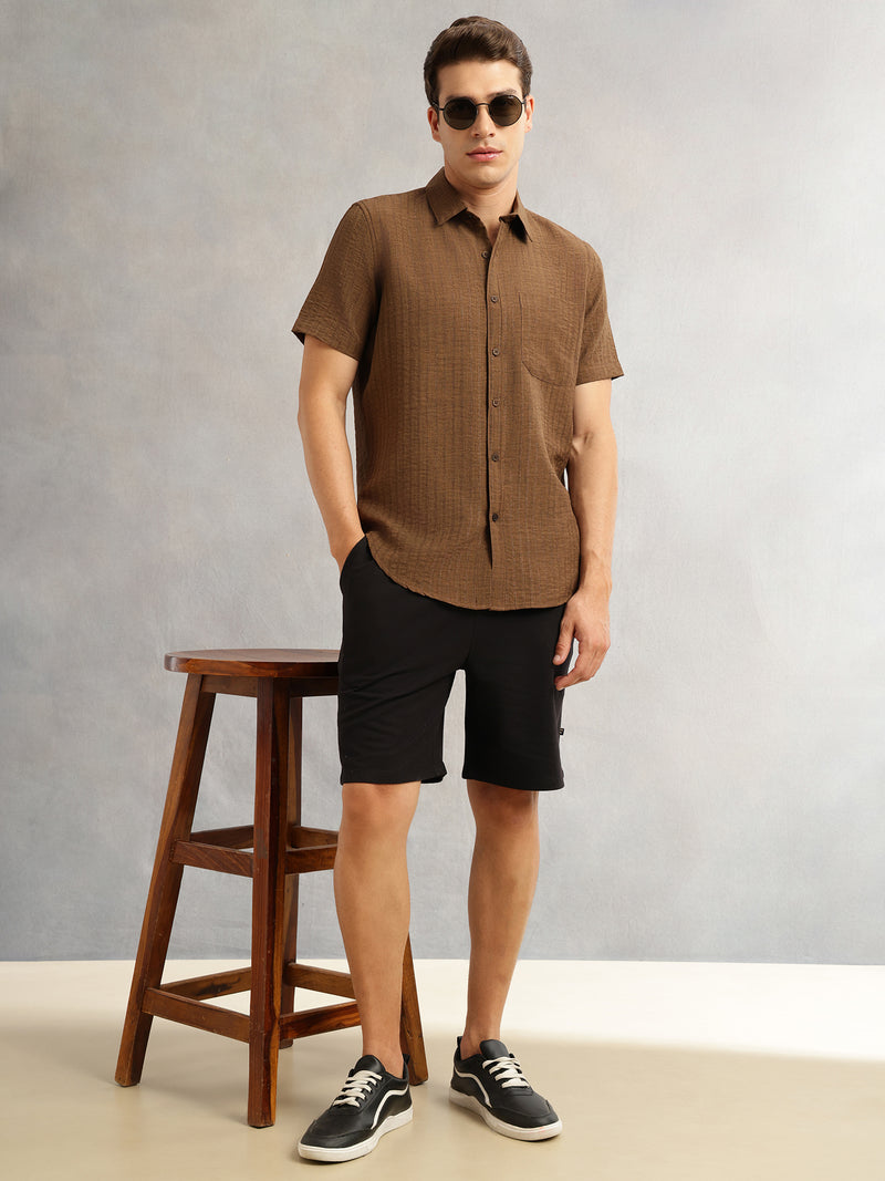 Thomas Scott Men Brown Premium Regular Fit Short Sleeves Spread Collar Polyester Casual Shirt