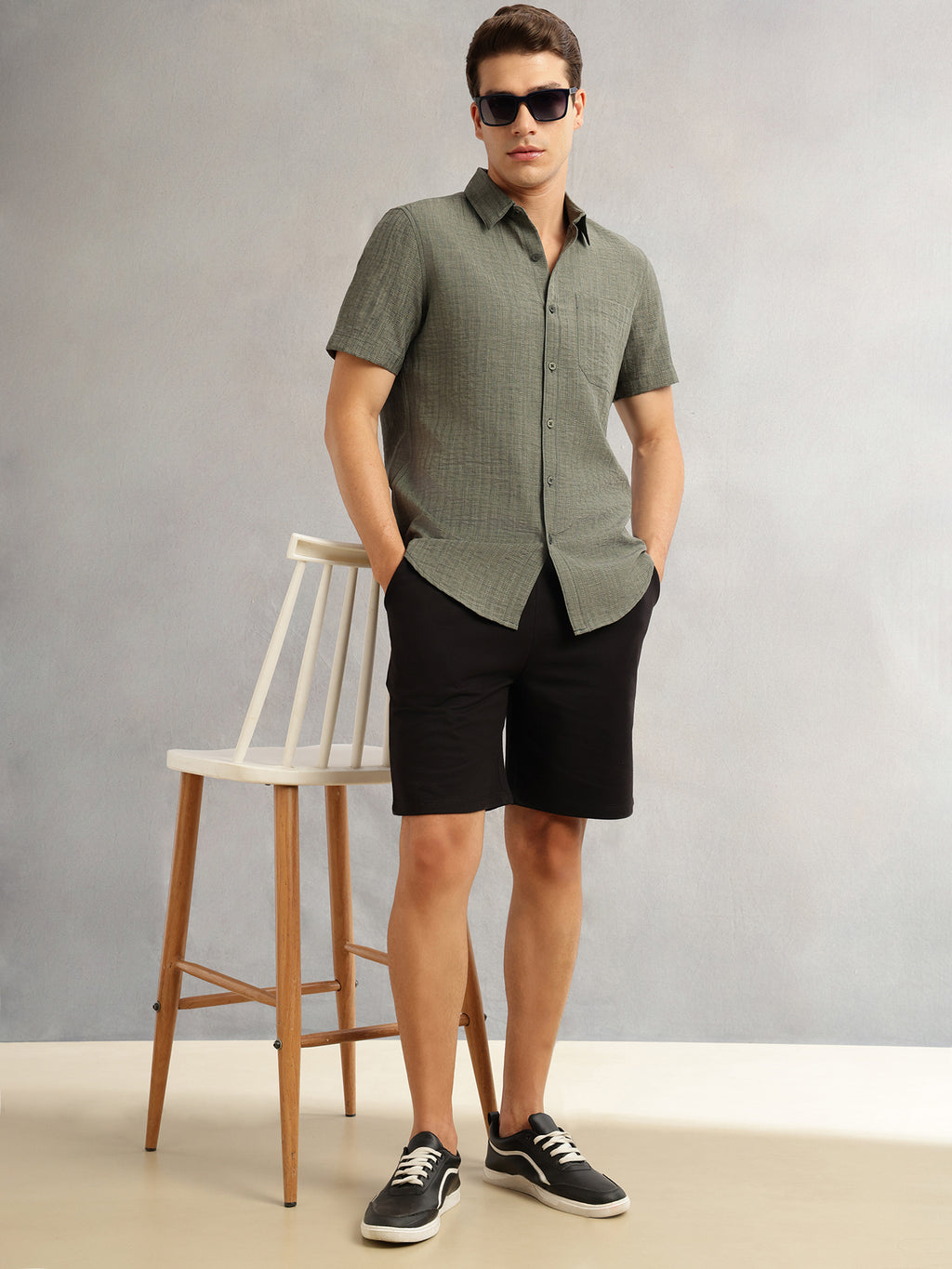 Thomas Scott Men Olive Premium Regular Fit Short Sleeves Spread Collar Polyester Casual Shirt