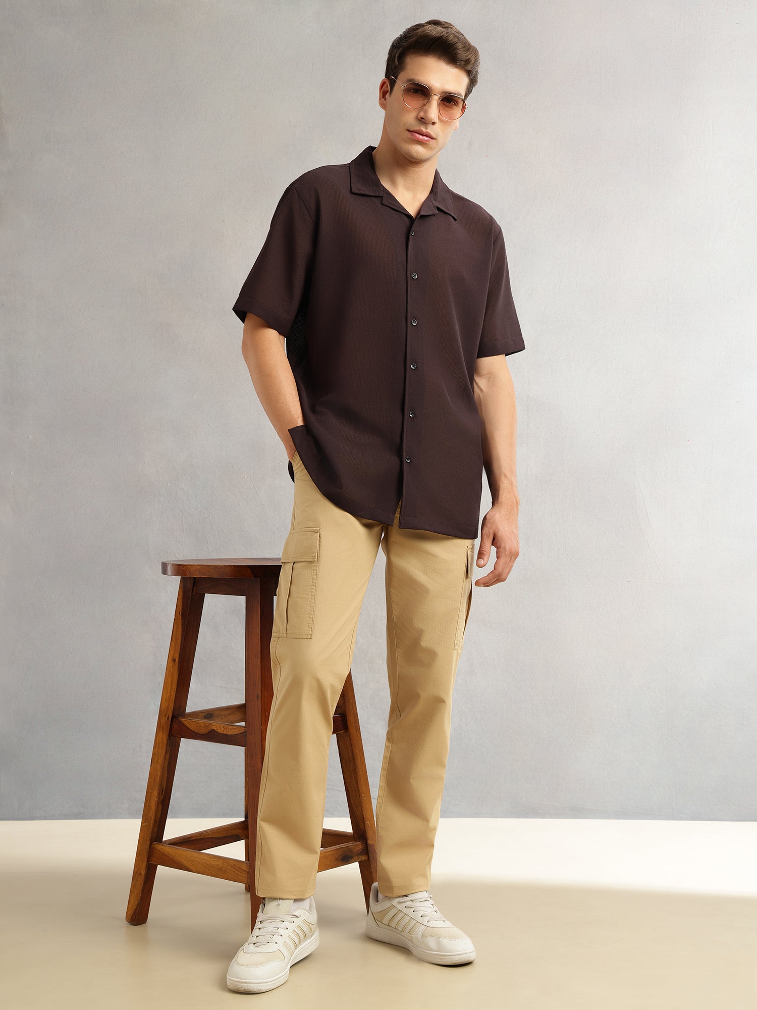 Thomas Scott Men Brown Premium Oversize Fit Short Sleeves Camp Collar Textured Polyester Casual Shirt