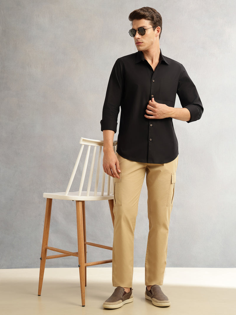Thomas Scott Men Black Premium Regular Fit Long Sleeves Spread Collar Textured 100% Cotton Casual Shirt