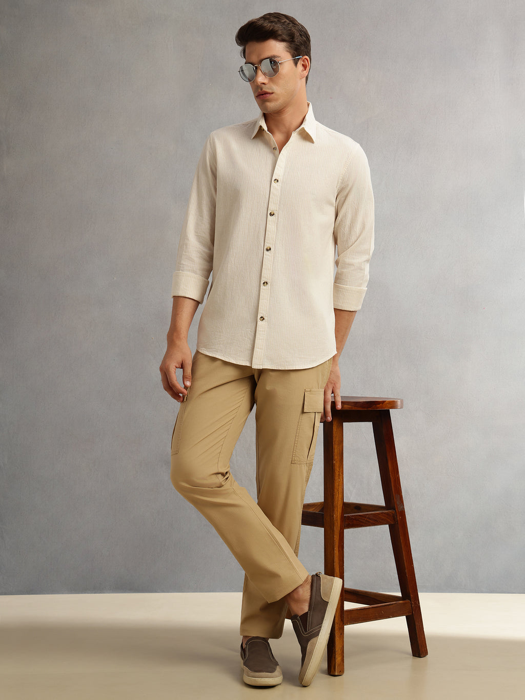 Thomas Scott Men Beige Cricket Club Collection Premium Slim Fit Long Sleeves Spread Collar Textured Cotton Linen Shirt