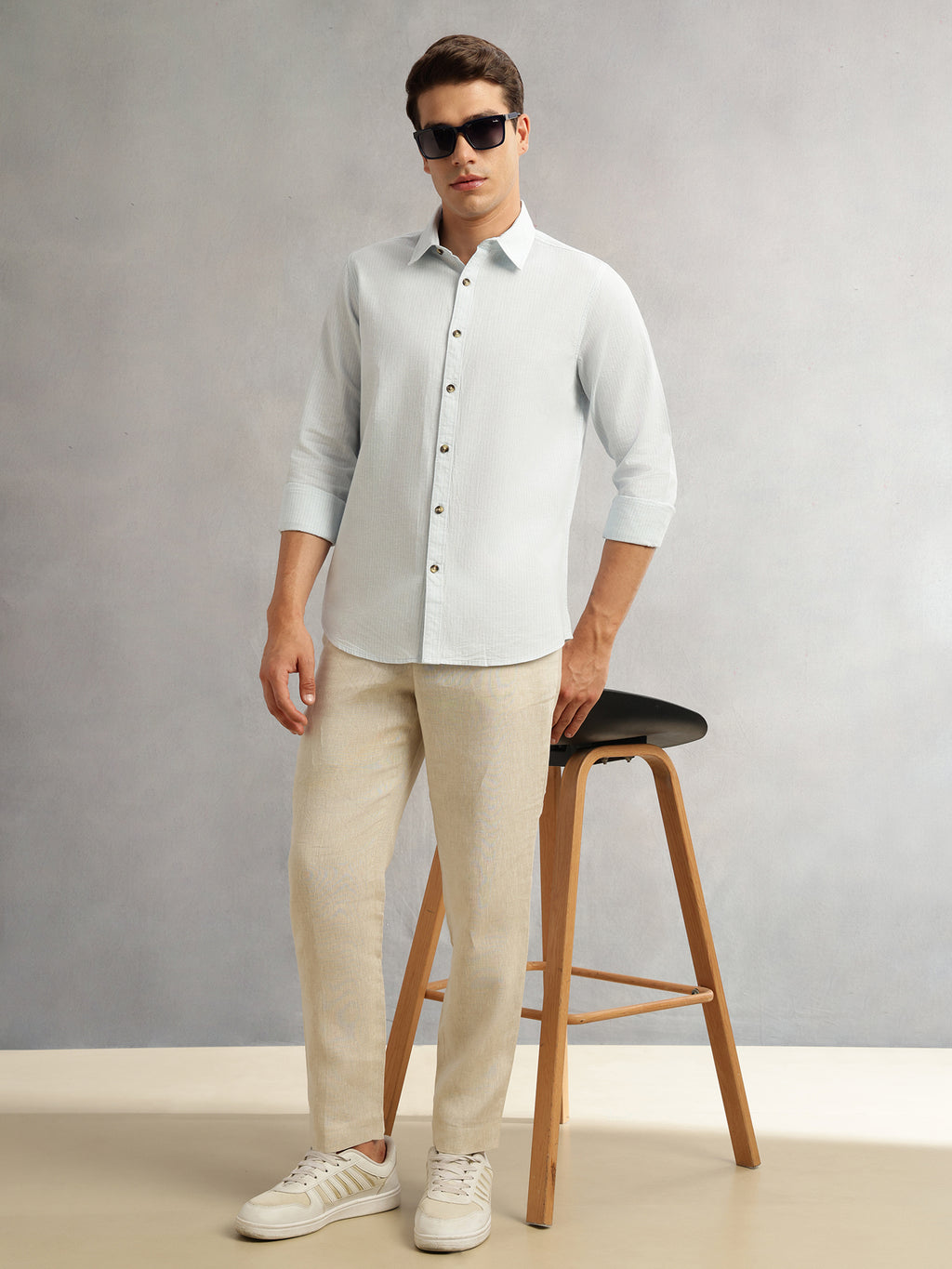 Thomas Scott Men Blue Cricket Club Collection Premium Slim Fit Long Sleeves Spread Collar Textured Cotton Linen Shirt