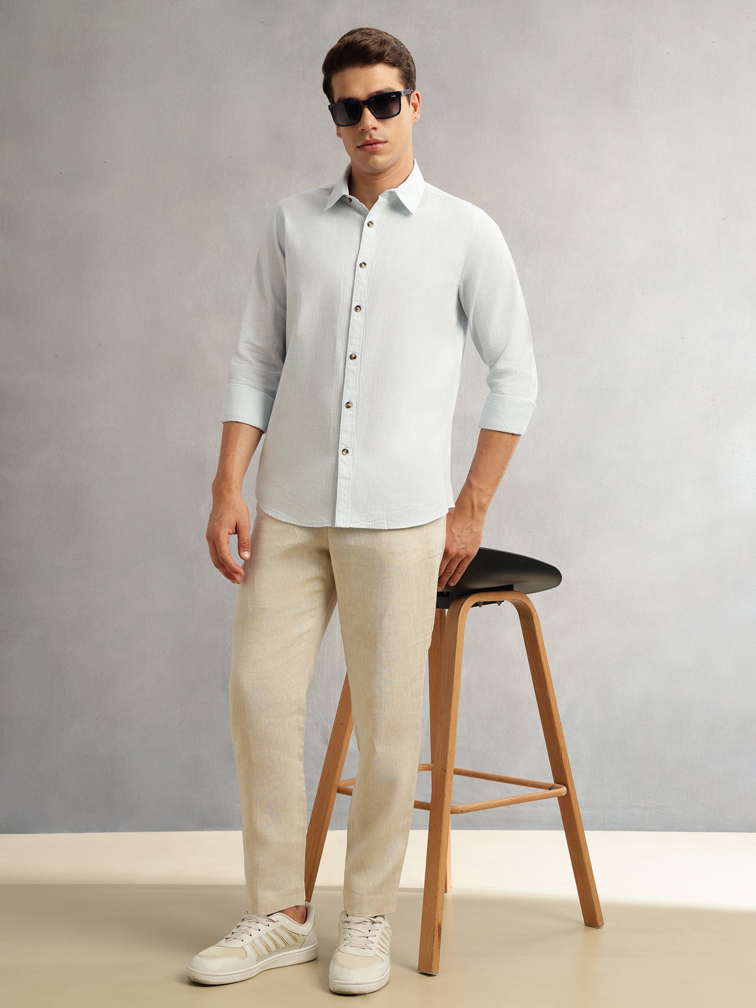 Thomas Scott Men Blue Cricket Club Collection Premium Slim Fit Long Sleeves Spread Collar Textured Cotton Linen Shirt