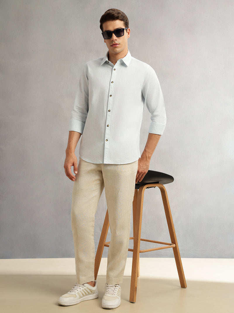 Thomas Scott Men Blue Cricket Club Collection Premium Slim Fit Long Sleeves Spread Collar Textured Cotton Linen Shirt